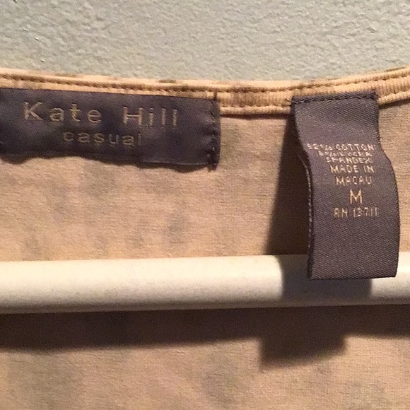 Kate Hill Olive Green/Tan Print Sleeveless Pull Over Top Medium Scoop Neck - Picture 2 of 3